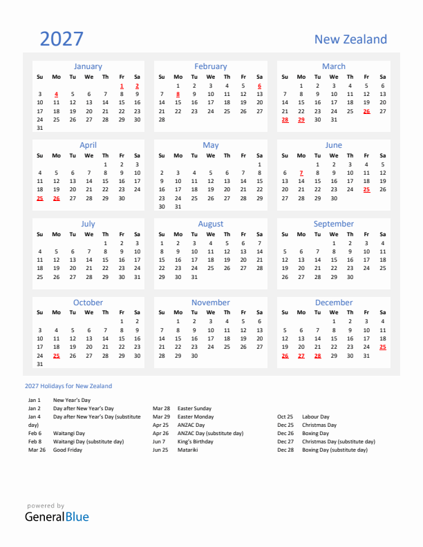 Basic Yearly Calendar with Holidays in New Zealand for 2027 