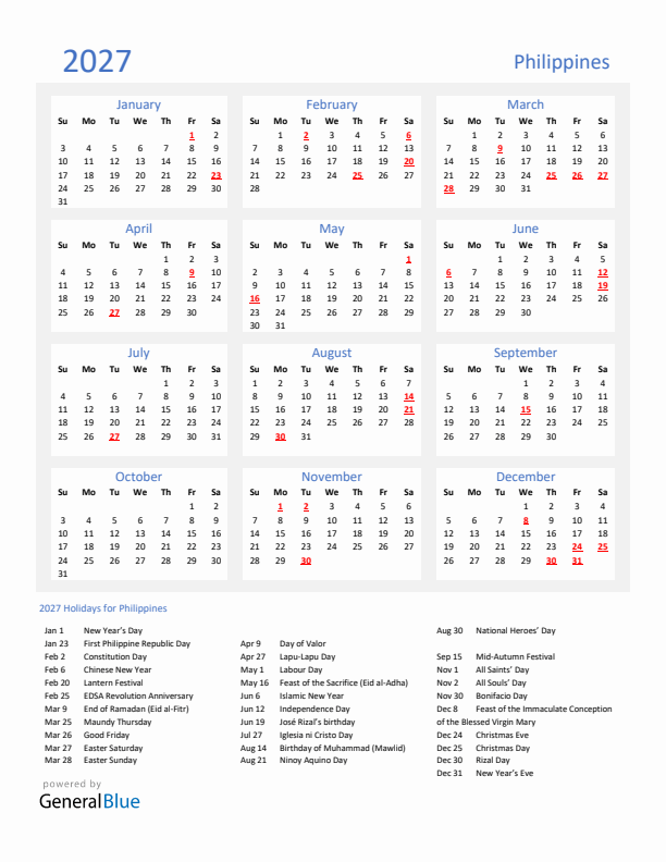 Basic Yearly Calendar with Holidays in Philippines for 2027 