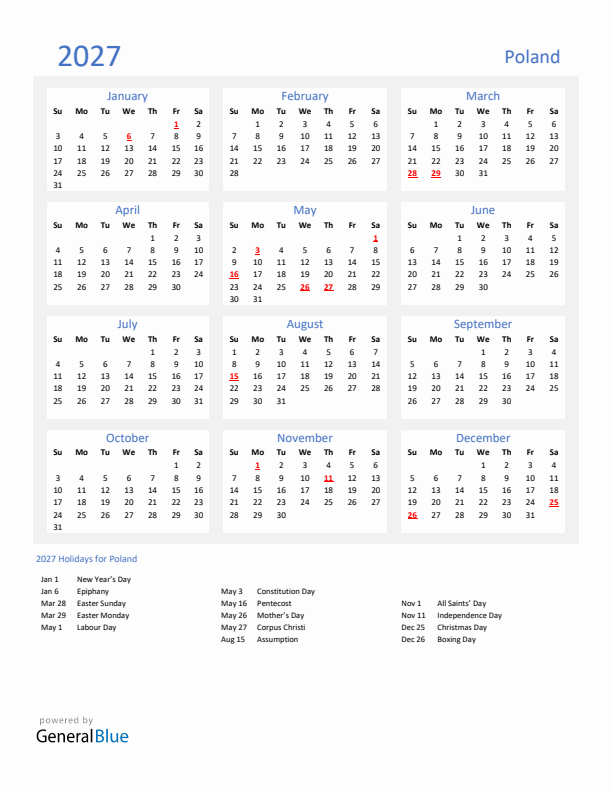 Basic Yearly Calendar with Holidays in Poland for 2027 