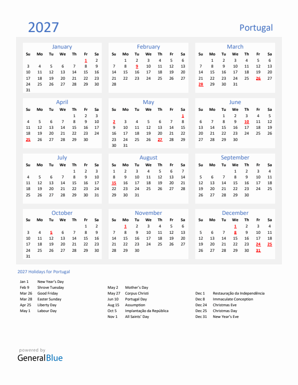 Basic Yearly Calendar with Holidays in Portugal for 2027 