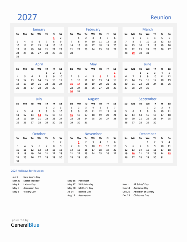 Basic Yearly Calendar with Holidays in Reunion for 2027 