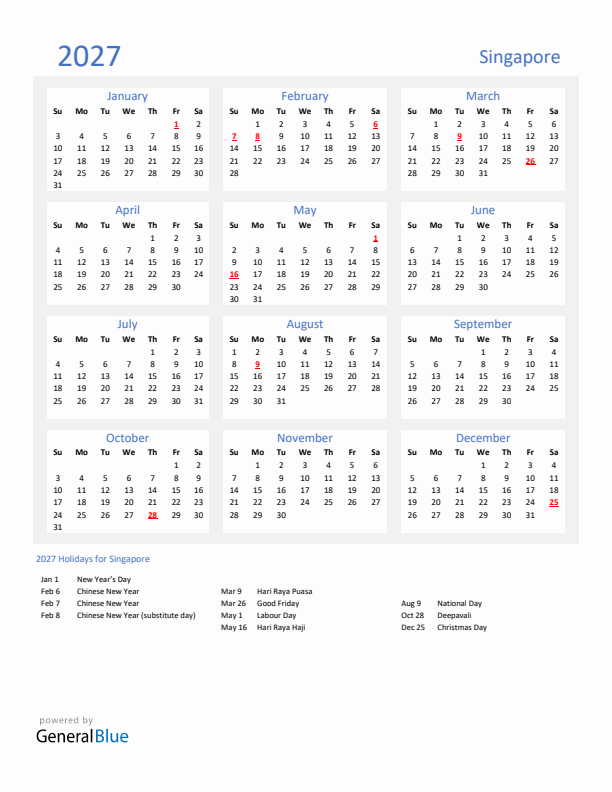 Basic Yearly Calendar with Holidays in Singapore for 2027 