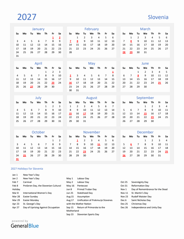 Basic Yearly Calendar with Holidays in Slovenia for 2027 