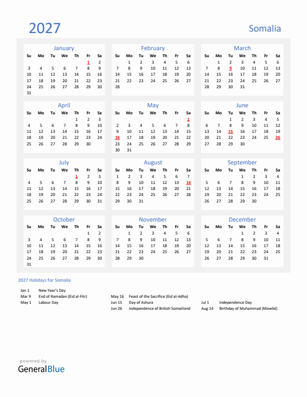 Basic Yearly Calendar with Holidays in Somalia for 2027 