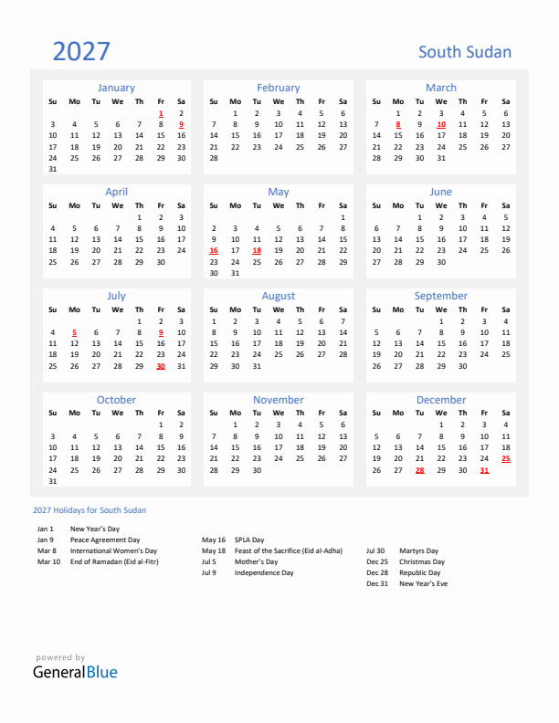 Basic Yearly Calendar with Holidays in South Sudan for 2027 