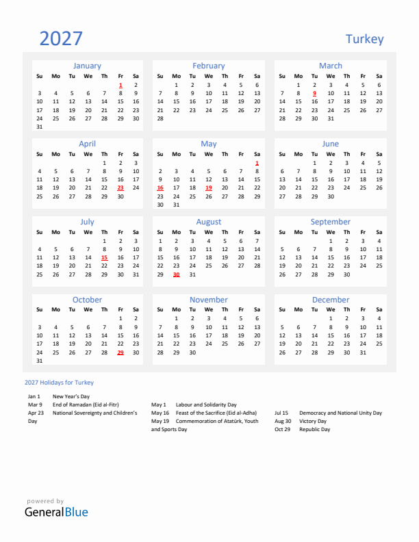 Basic Yearly Calendar with Holidays in Turkey for 2027 