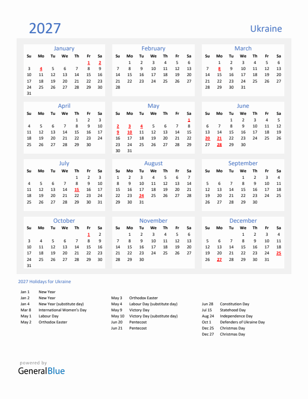 Basic Yearly Calendar with Holidays in Ukraine for 2027 