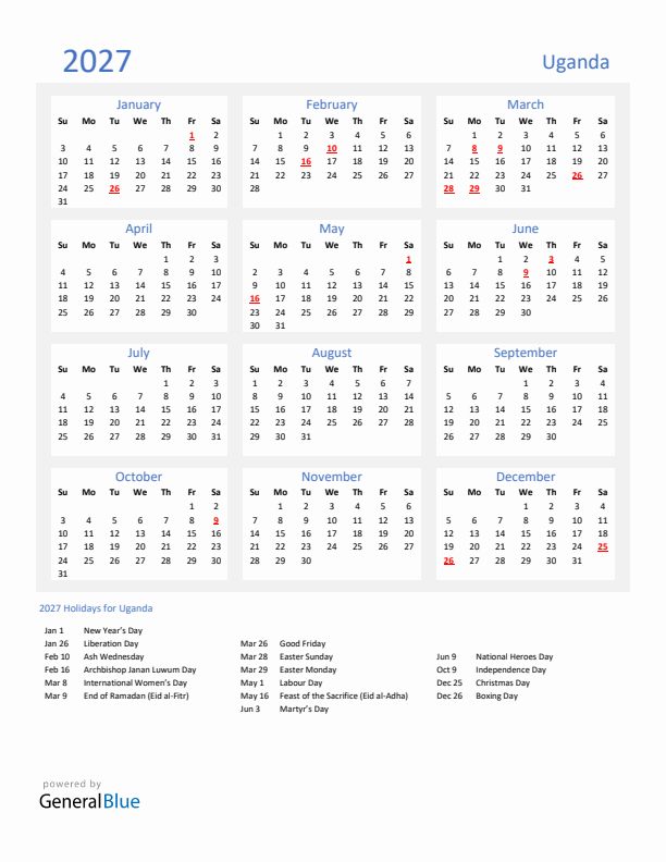 Basic Yearly Calendar with Holidays in Uganda for 2027 