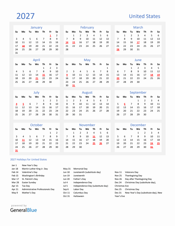 Basic Yearly Calendar with Holidays in United States for 2027 