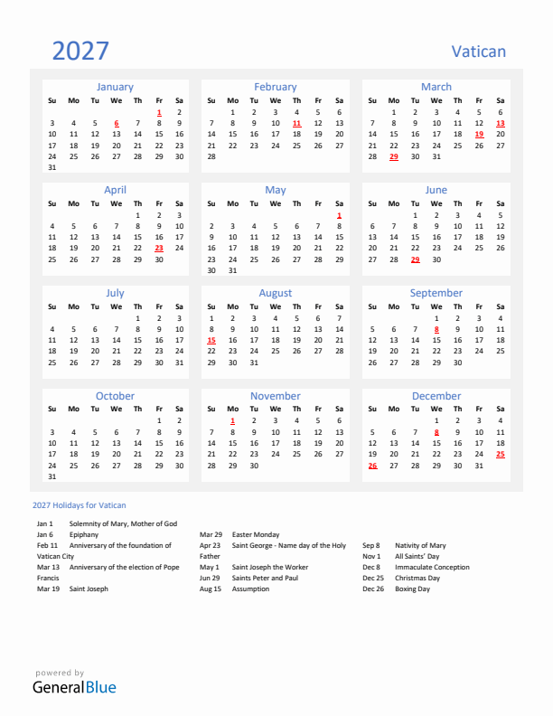 Basic Yearly Calendar with Holidays in Vatican for 2027 