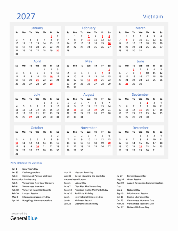 Basic Yearly Calendar with Holidays in Vietnam for 2027 