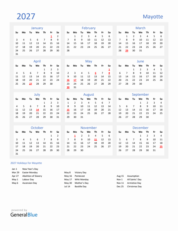 Basic Yearly Calendar with Holidays in Mayotte for 2027 