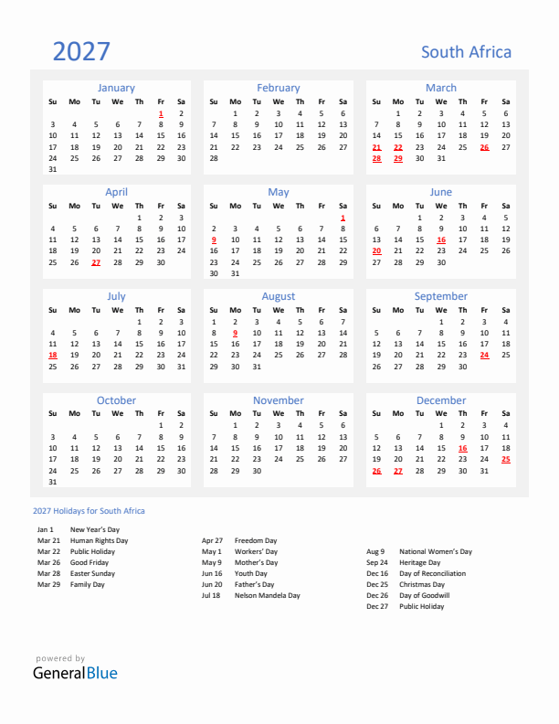 Basic Yearly Calendar with Holidays in South Africa for 2027 