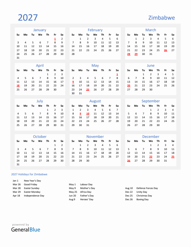 Basic Yearly Calendar with Holidays in Zimbabwe for 2027 