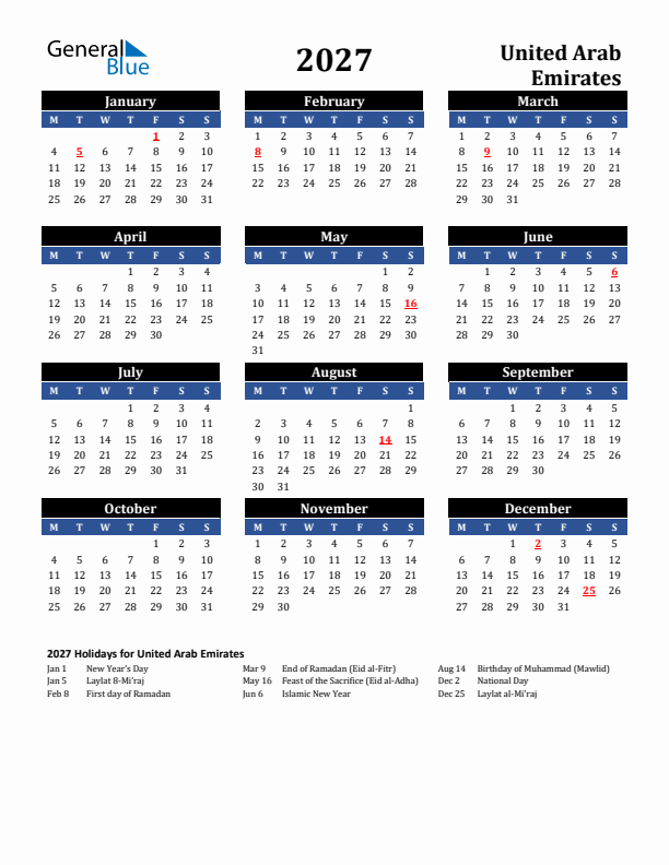 2027 United Arab Emirates Holiday Calendar