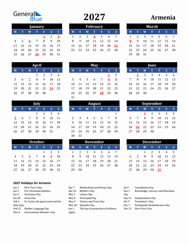 2027 Armenia Holiday Calendar