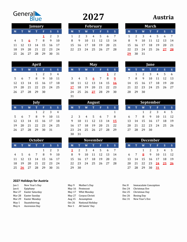 2027 Austria Holiday Calendar