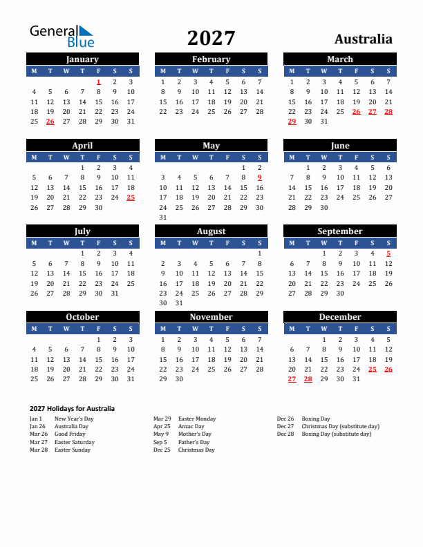 2027 Australia Holiday Calendar