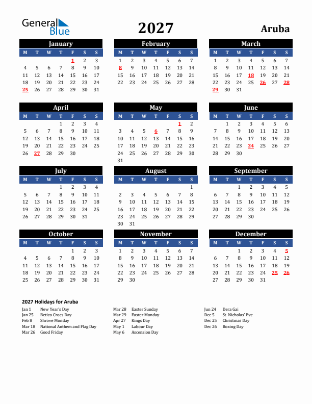 2027 Aruba Holiday Calendar