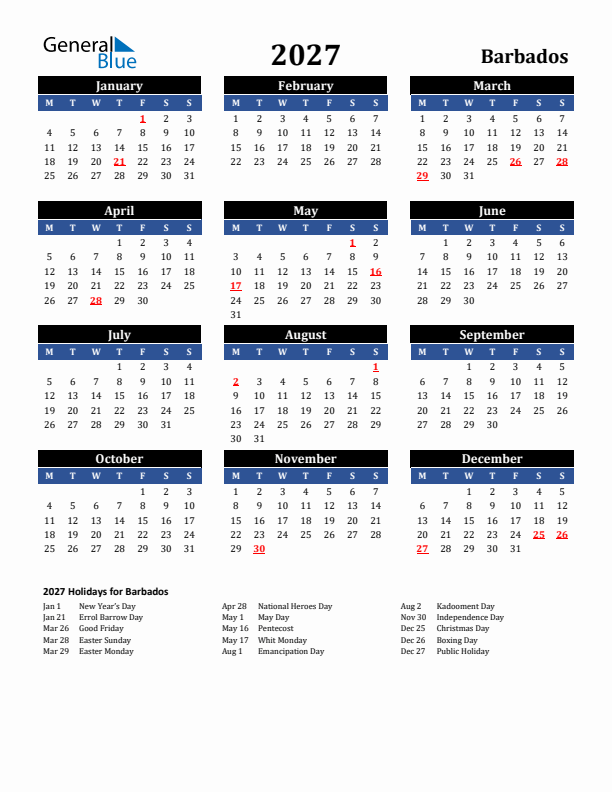 2027 Barbados Holiday Calendar