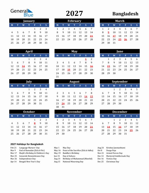 2027 Bangladesh Holiday Calendar