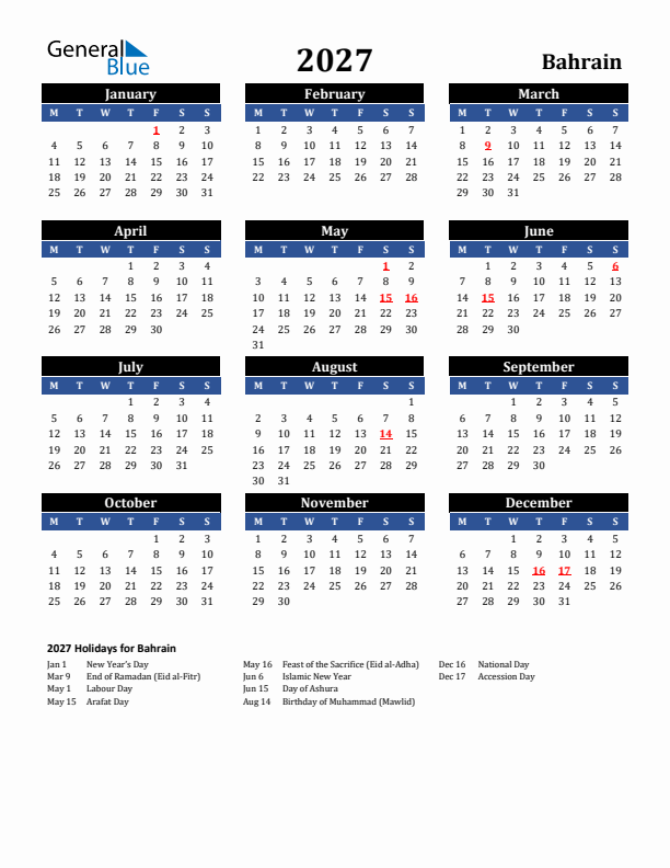 2027 Bahrain Holiday Calendar