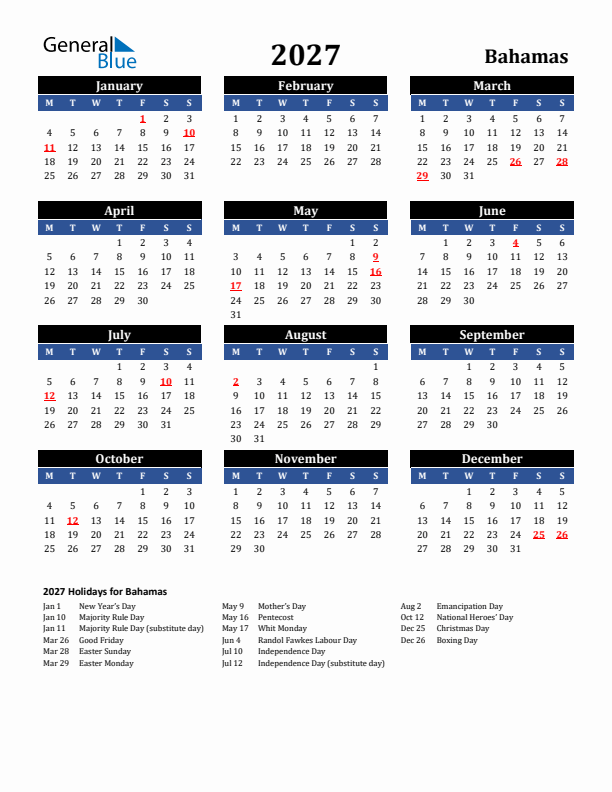 2027 Bahamas Holiday Calendar