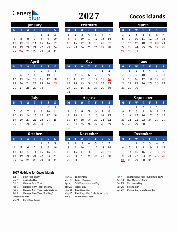 2027 Cocos Islands Holiday Calendar