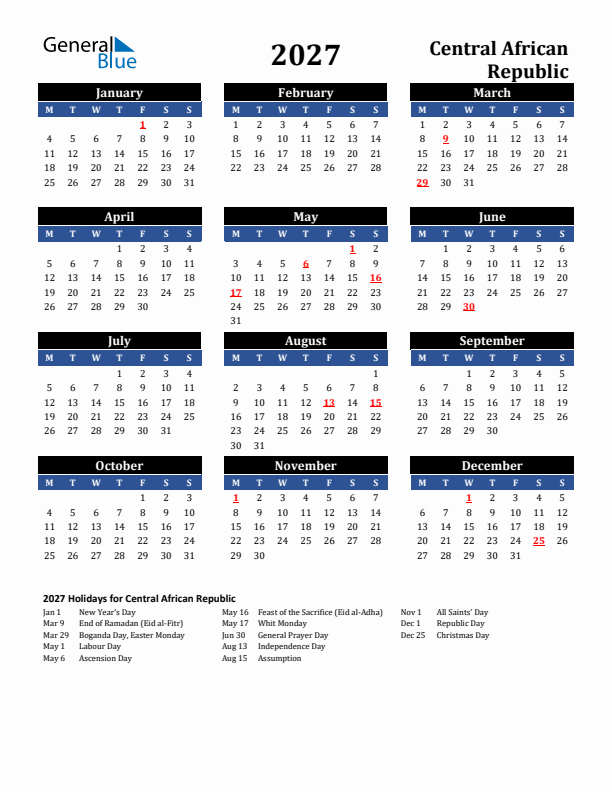 2027 Central African Republic Holiday Calendar