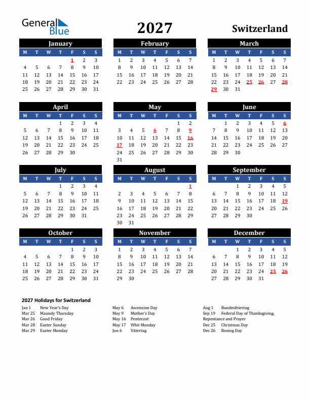 2027 Switzerland Holiday Calendar