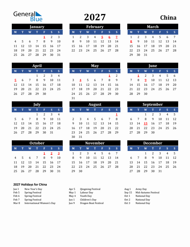 2027 China Holiday Calendar
