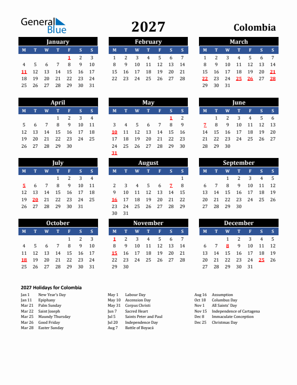 2027 Colombia Holiday Calendar