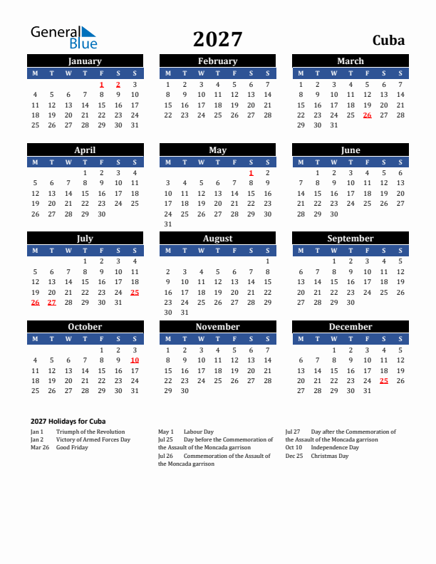 2027 Cuba Holiday Calendar
