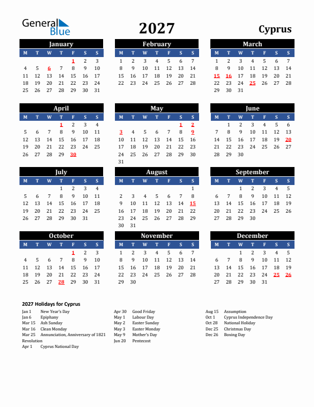 2027 Cyprus Holiday Calendar