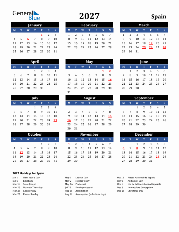 2027 Spain Holiday Calendar