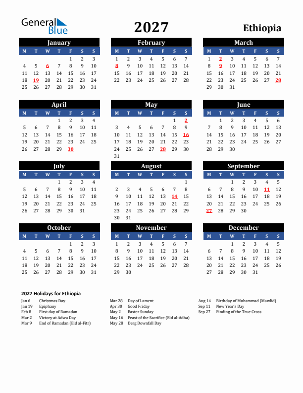 2027 Ethiopia Holiday Calendar