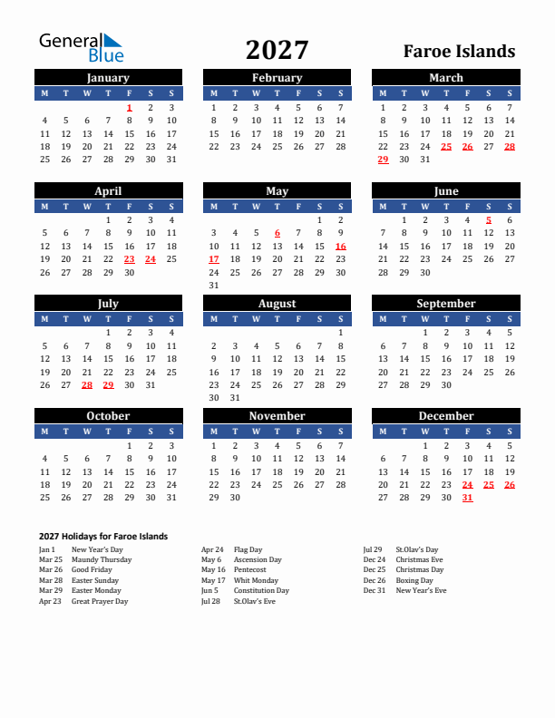 2027 Faroe Islands Holiday Calendar