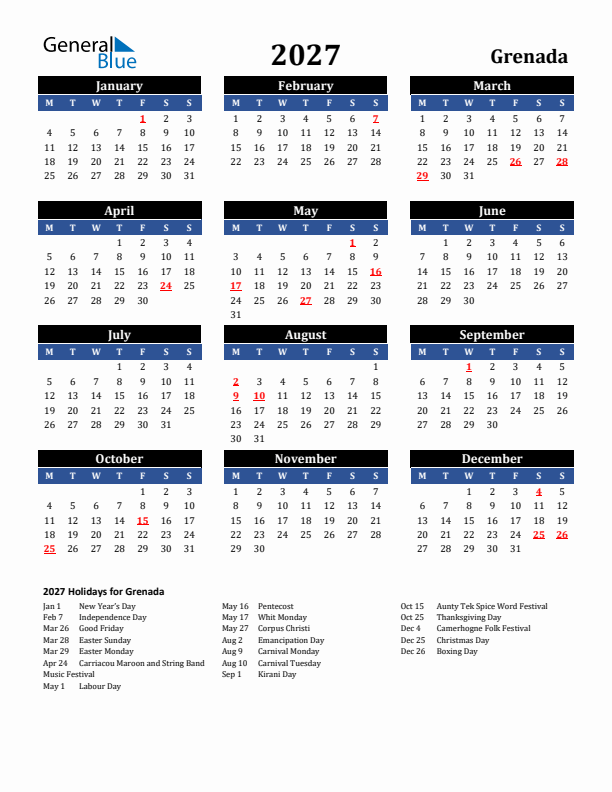2027 Grenada Holiday Calendar