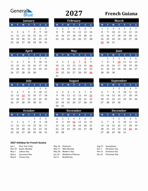 2027 French Guiana Holiday Calendar