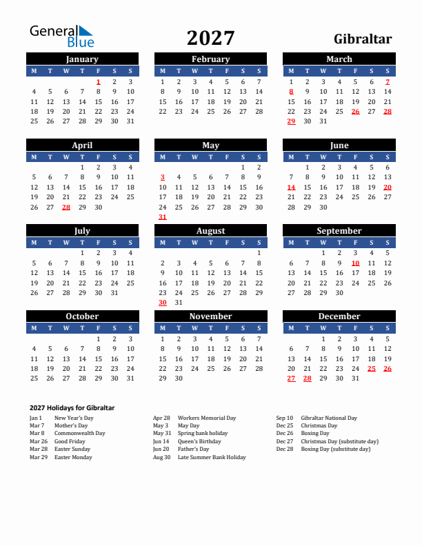 2027 Gibraltar Holiday Calendar