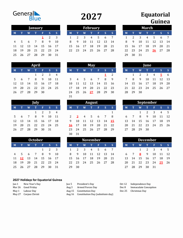 2027 Equatorial Guinea Holiday Calendar