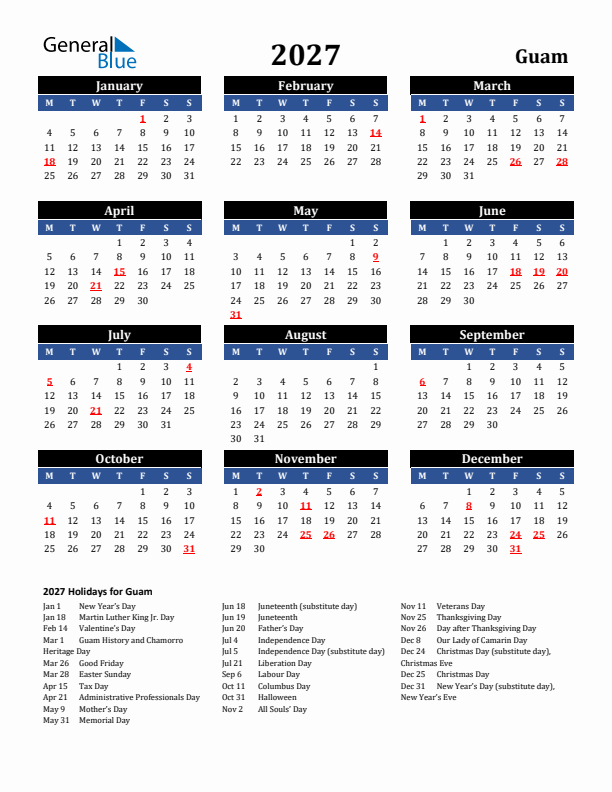 2027 Guam Holiday Calendar