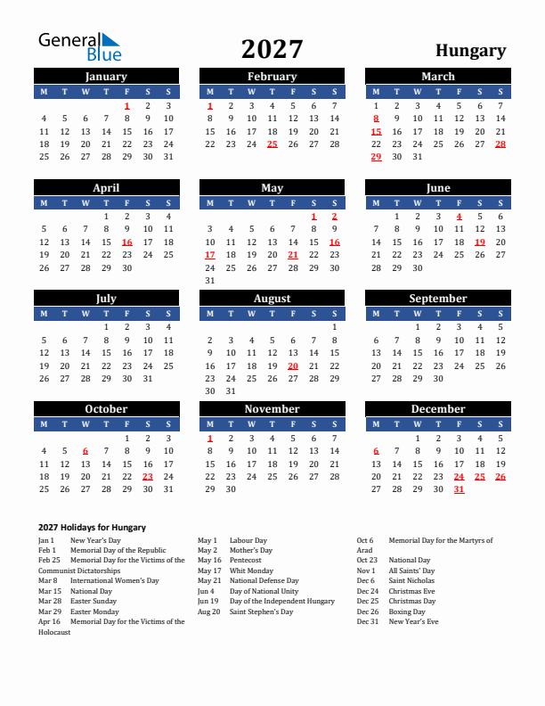 2027 Hungary Holiday Calendar