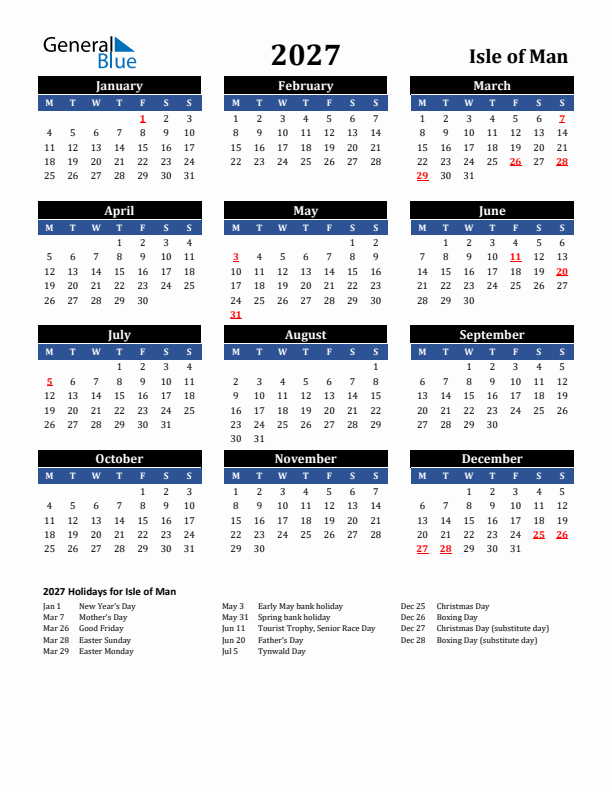 2027 Isle of Man Holiday Calendar