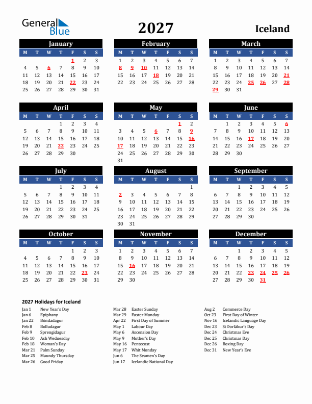2027 Iceland Holiday Calendar