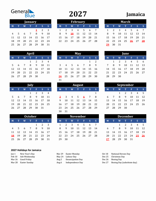 2027 Jamaica Holiday Calendar