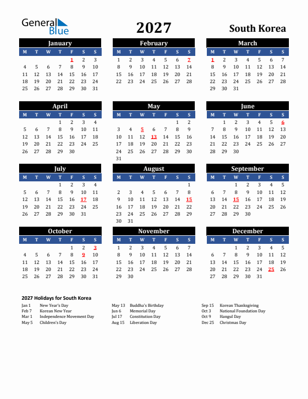 2027 South Korea Holiday Calendar