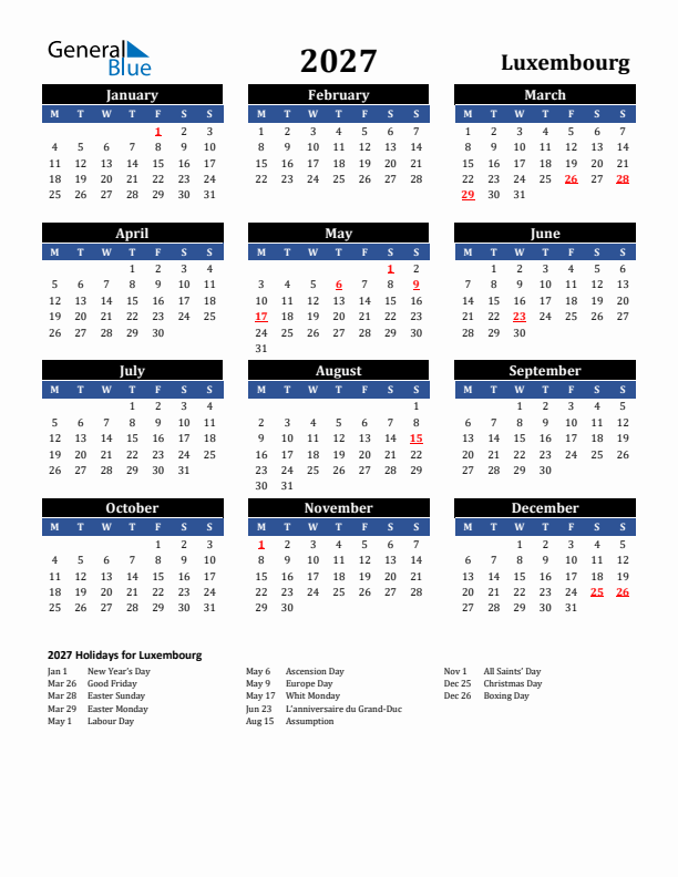 2027 Luxembourg Holiday Calendar