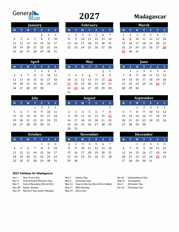 2027 Madagascar Holiday Calendar