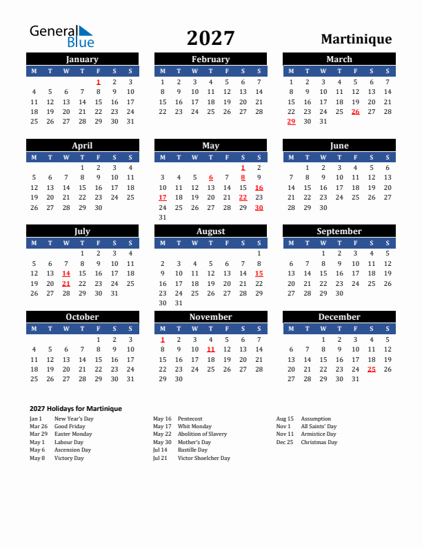 2027 Martinique Holiday Calendar
